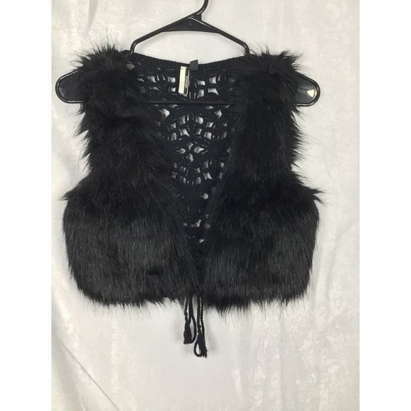 Women's Top Shop Faux Fur Open Knit Black Vest Tie Bottom Small - Picture 5 of 8